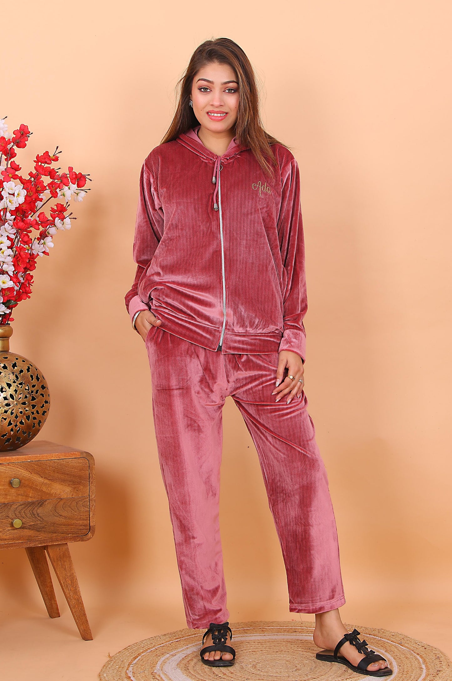 AdaFashions Pink Double Lined Velvet Co-Ord Set – Winter Hooded Type