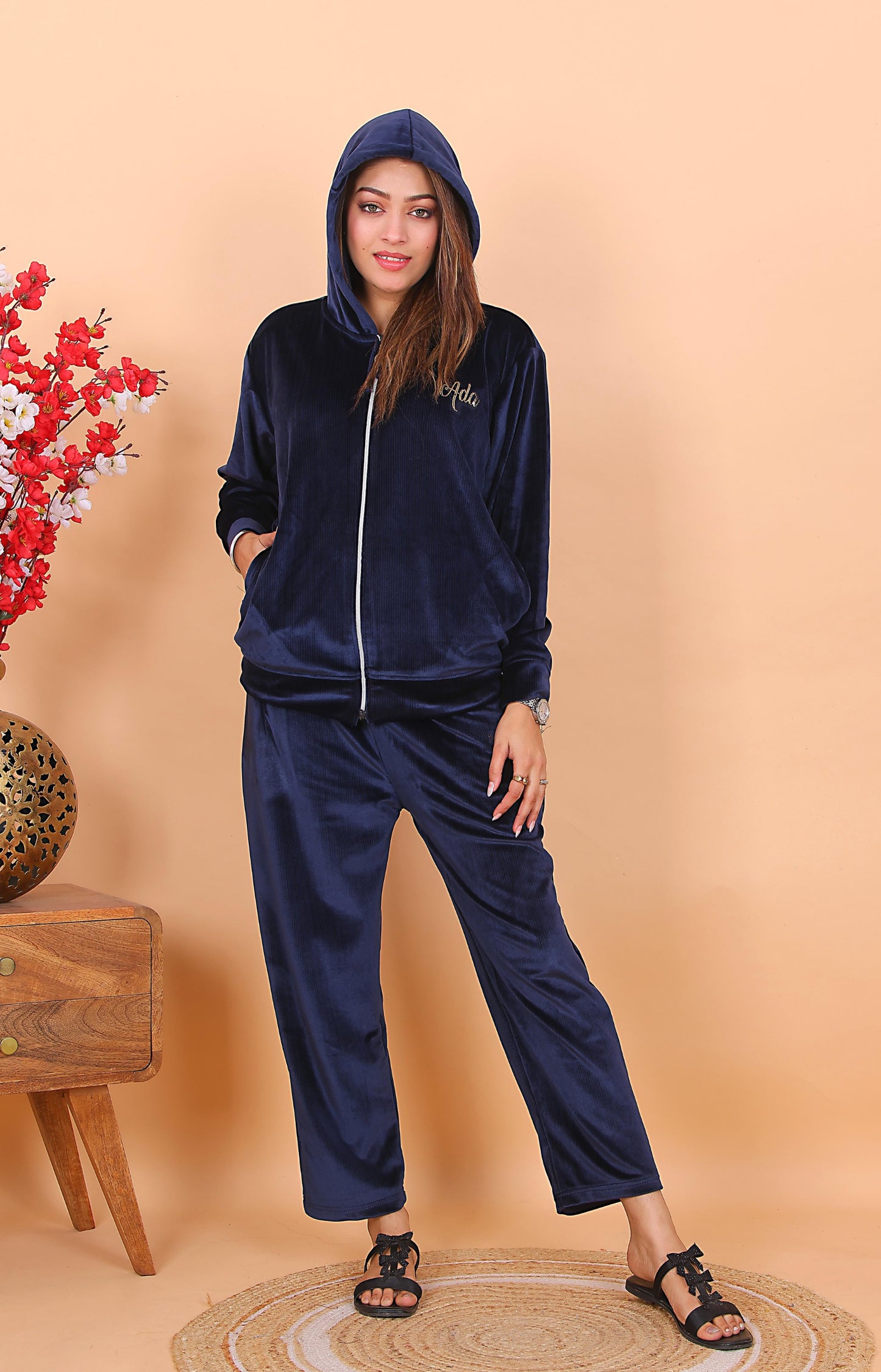 AdaFashions Navy Blue Velvet Co-Ord Set – Luxe Nightwear Edition