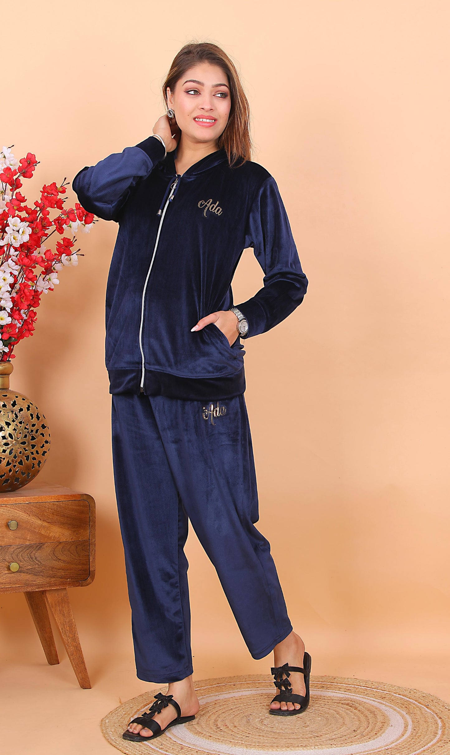 AdaFashions Navy Blue Velvet Co-Ord Set – Luxe Nightwear Edition