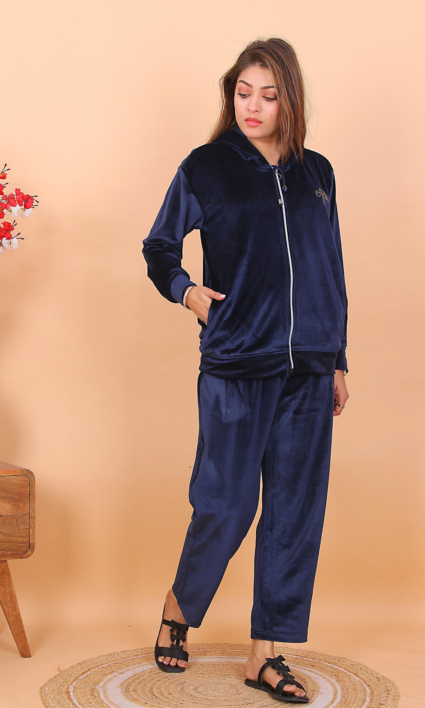AdaFashions Navy Blue Velvet Co-Ord Set – Luxe Nightwear Edition