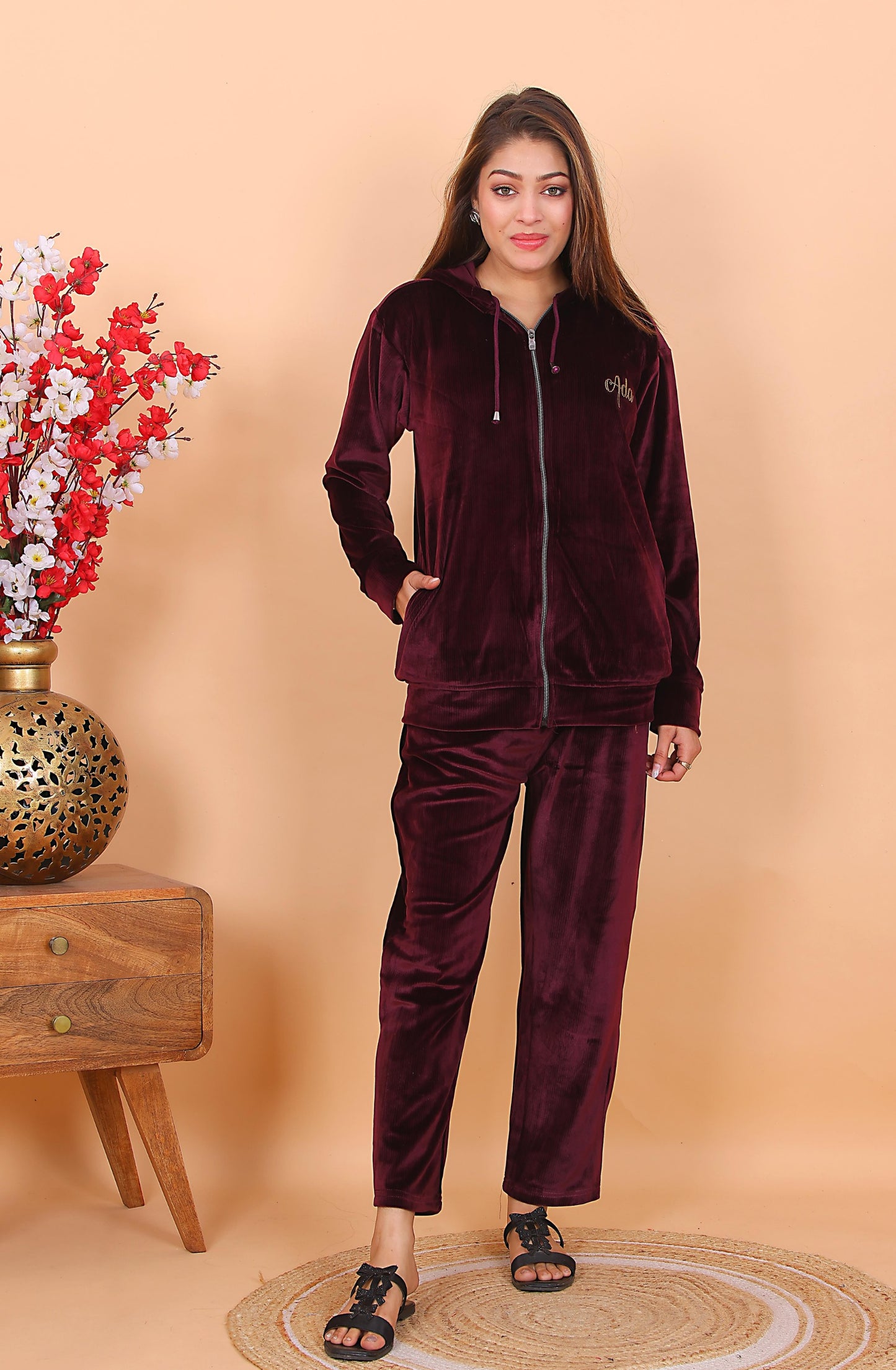 AdaFashions Wine Double Lined Velvet Co-Ord Set – Winter Hooded Type