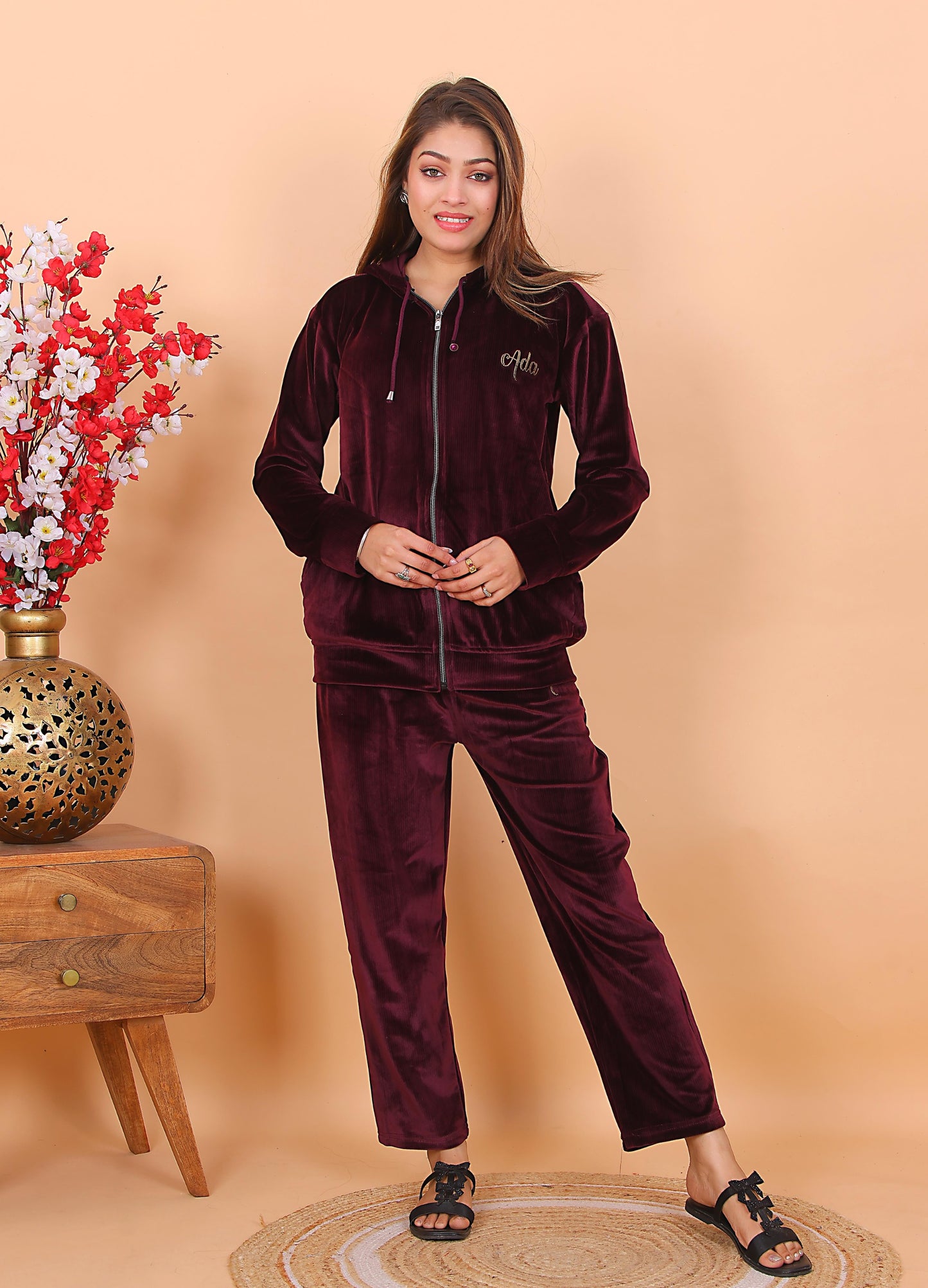 AdaFashions Wine Double Lined Velvet Co-Ord Set – Winter Hooded Type