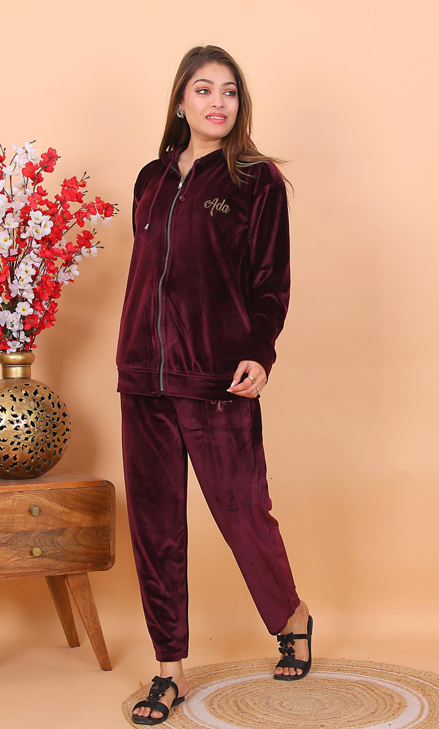 AdaFashions Wine Double Lined Velvet Co-Ord Set – Winter Hooded Type