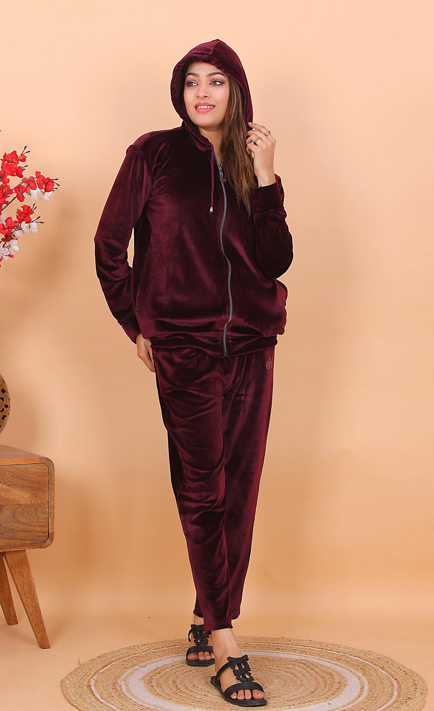 AdaFashions Wine Double Lined Velvet Co-Ord Set – Winter Hooded Type