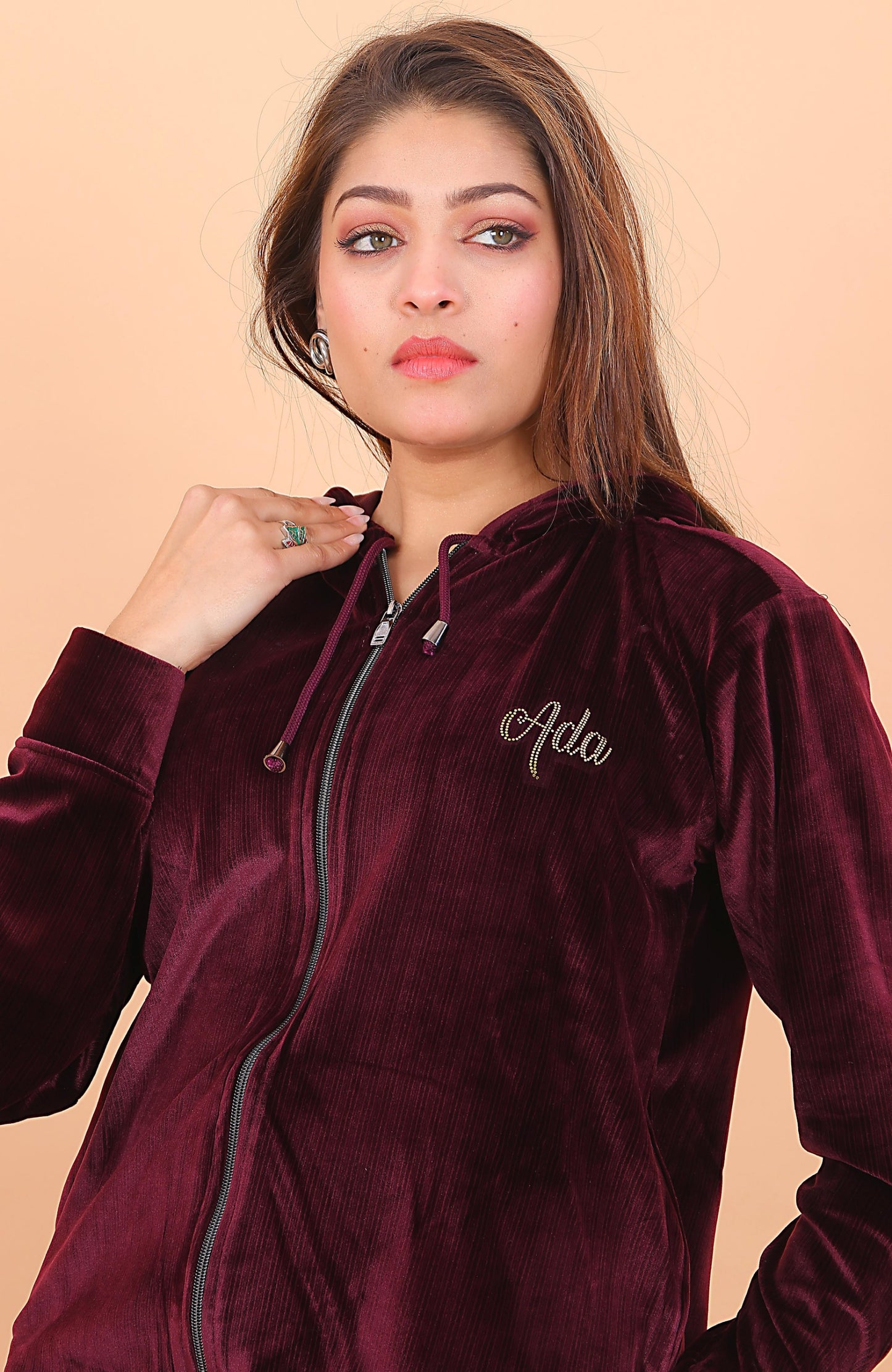 AdaFashions Wine Double Lined Velvet Co-Ord Set – Winter Hooded Type