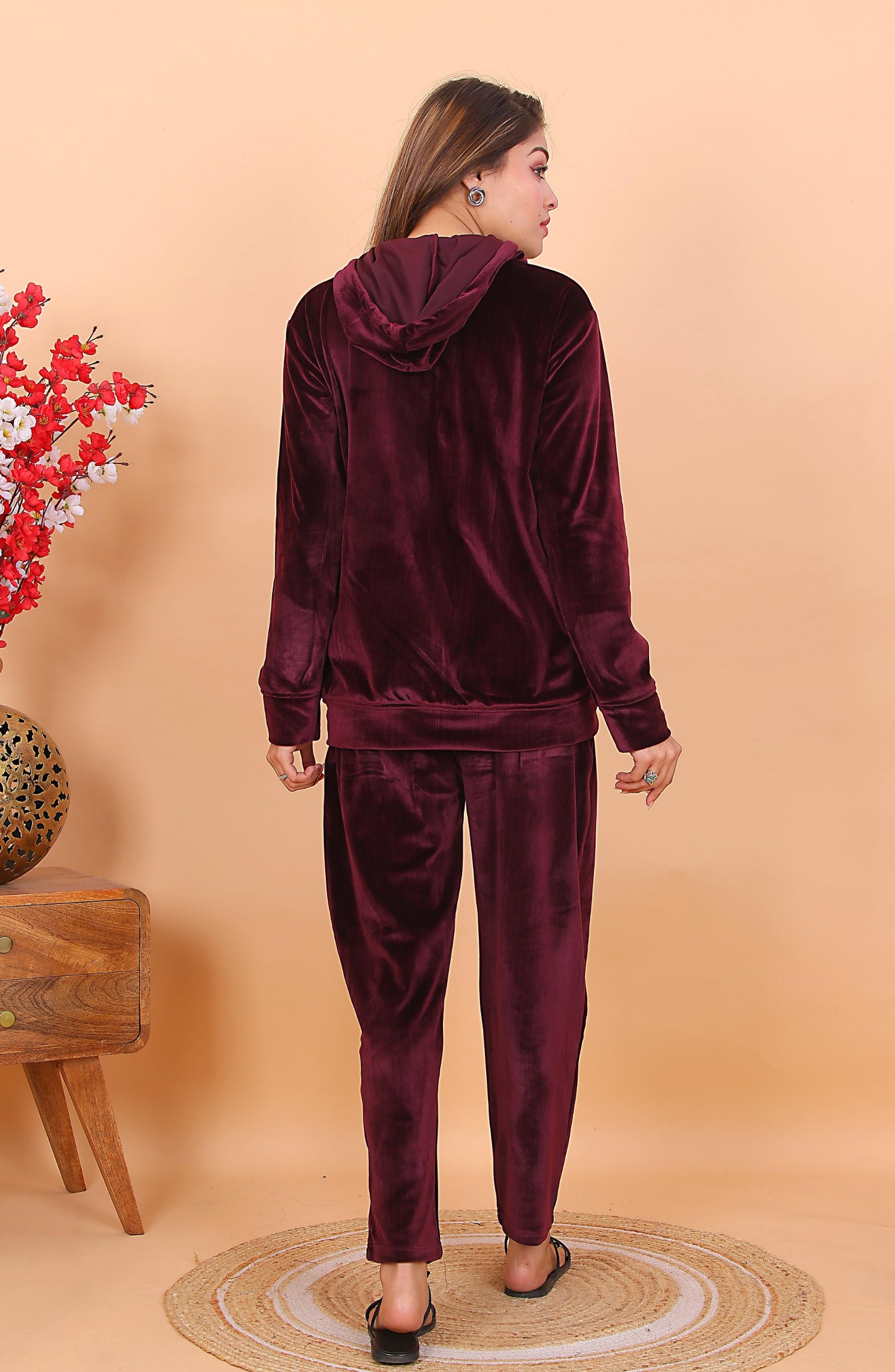 AdaFashions Wine Double Lined Velvet Co-Ord Set – Winter Hooded Type