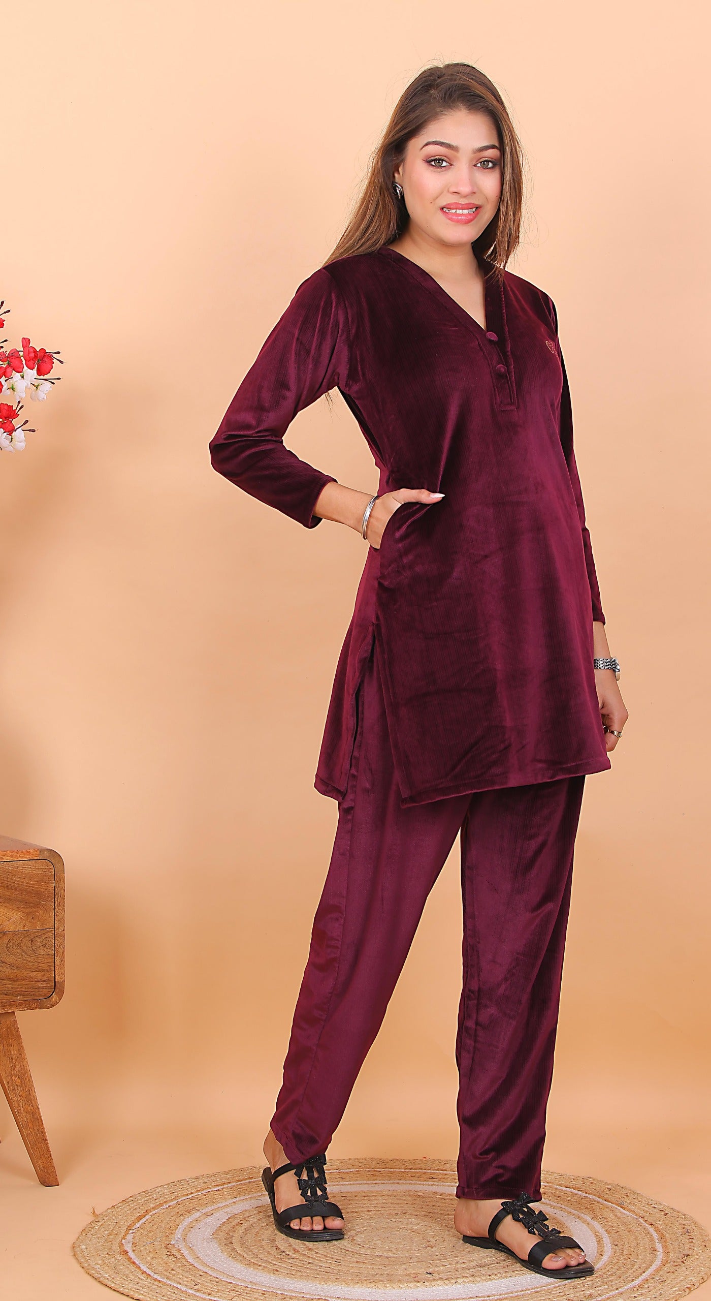 AdaFashions Wine Velvet Co-Ord Set – Luxe Nightwear Edition