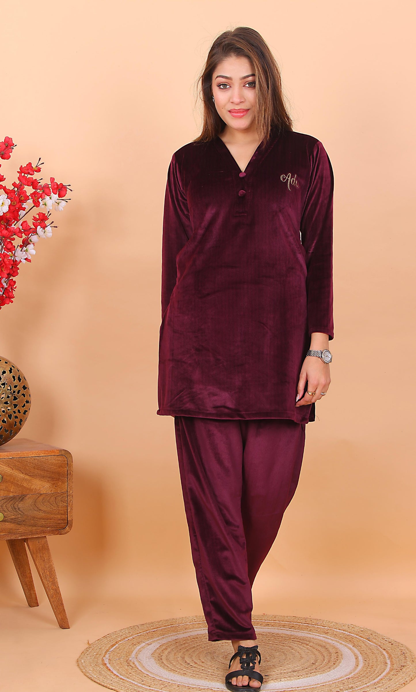 AdaFashions Wine Velvet Co-Ord Set – Luxe Nightwear Edition