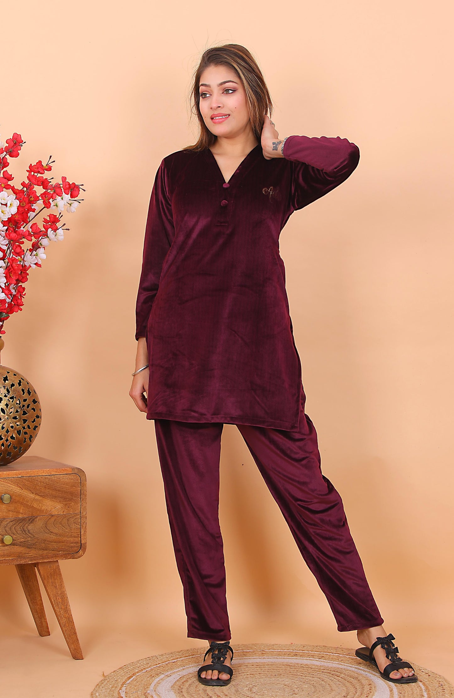 AdaFashions Wine Velvet Co-Ord Set – Luxe Nightwear Edition