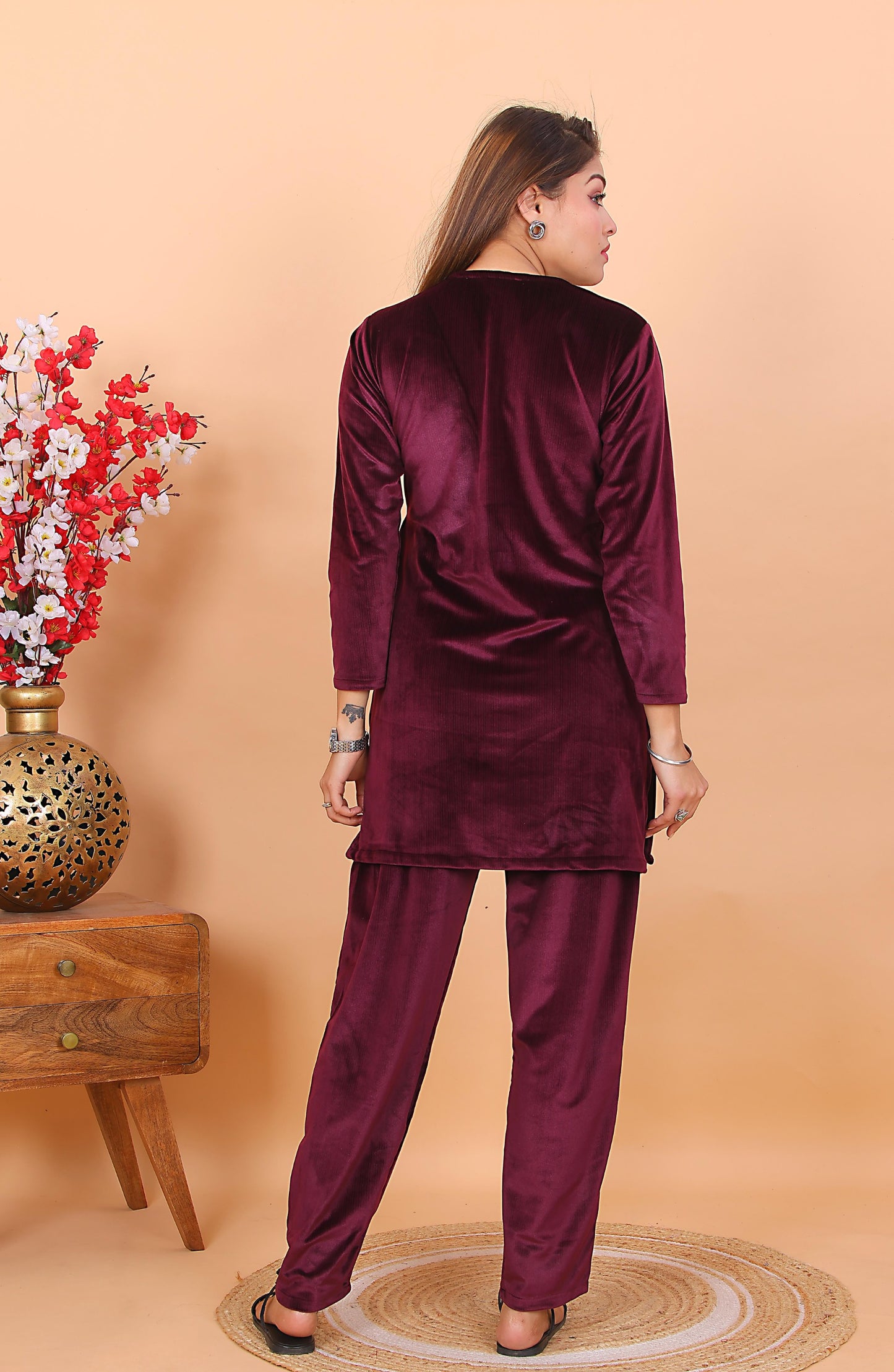 AdaFashions Wine Velvet Co-Ord Set – Luxe Nightwear Edition