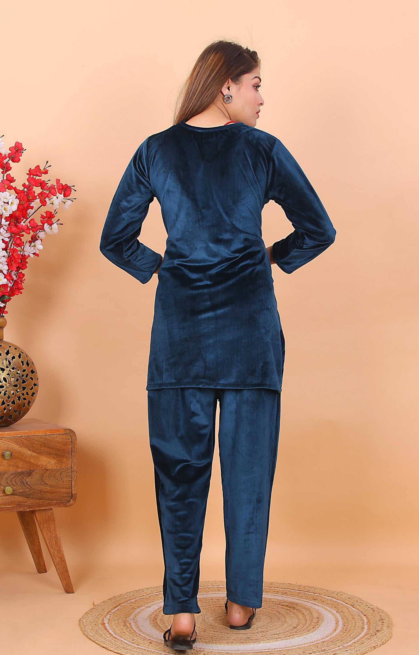 AdaFashions Space Blue Velvet Co-Ord Set – Luxe Nightwear Edition