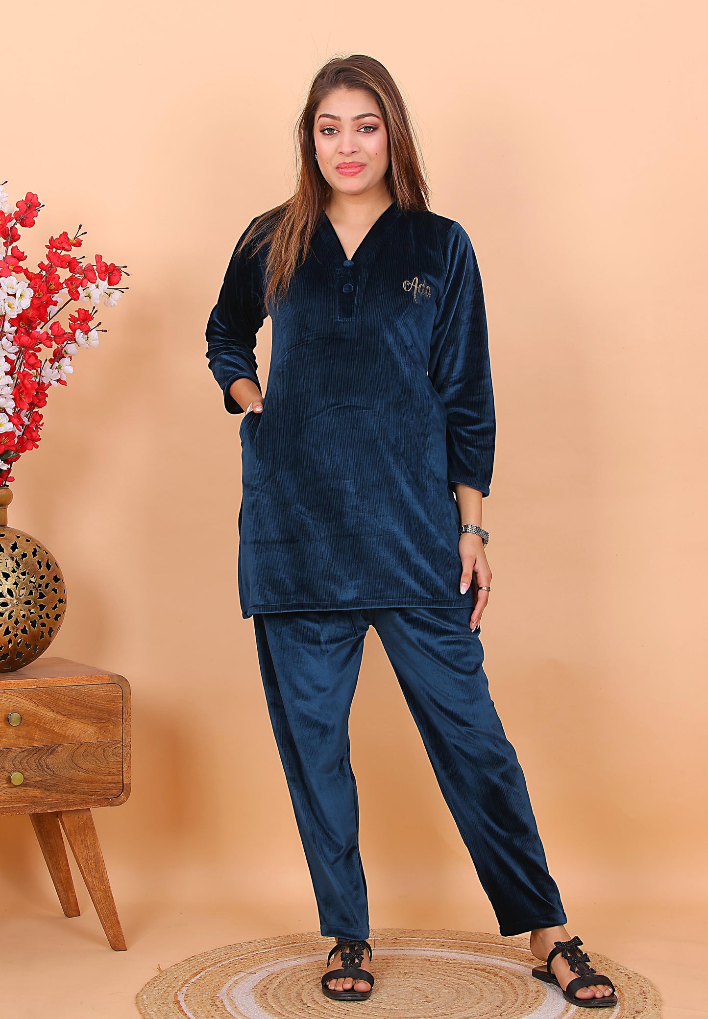 AdaFashions Space Blue Velvet Co-Ord Set – Luxe Nightwear Edition