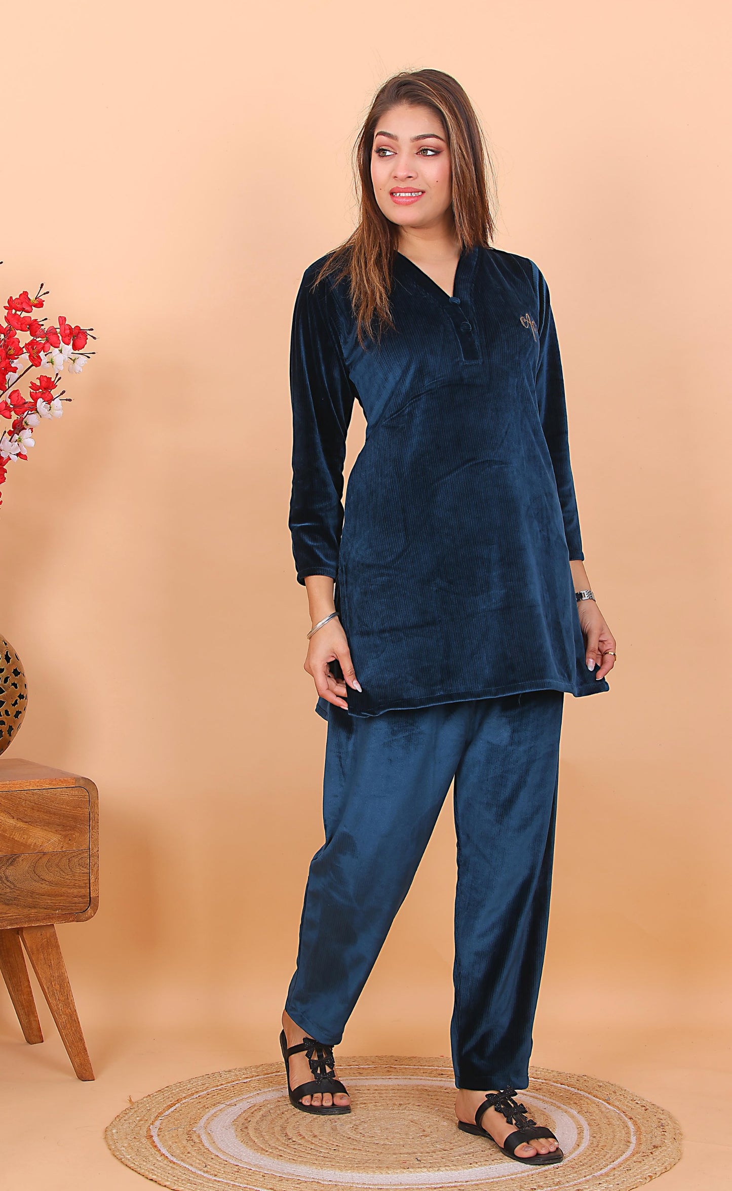AdaFashions Space Blue Velvet Co-Ord Set – Luxe Nightwear Edition