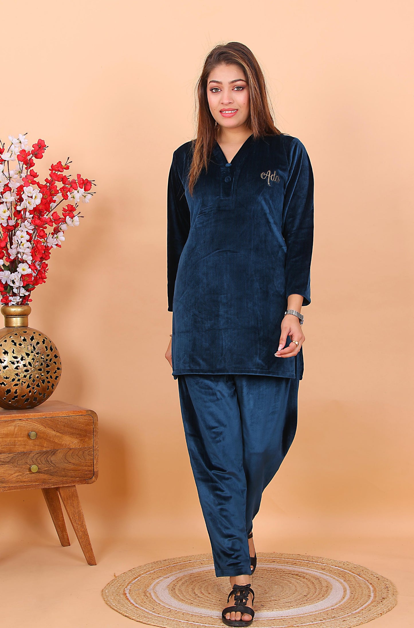 AdaFashions Space Blue Velvet Co-Ord Set – Luxe Nightwear Edition