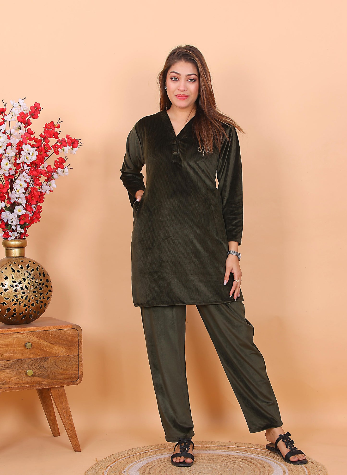 AdaFashions Pea-Cock Green Velvet Co-Ord Set – Luxe Nightwear Edition