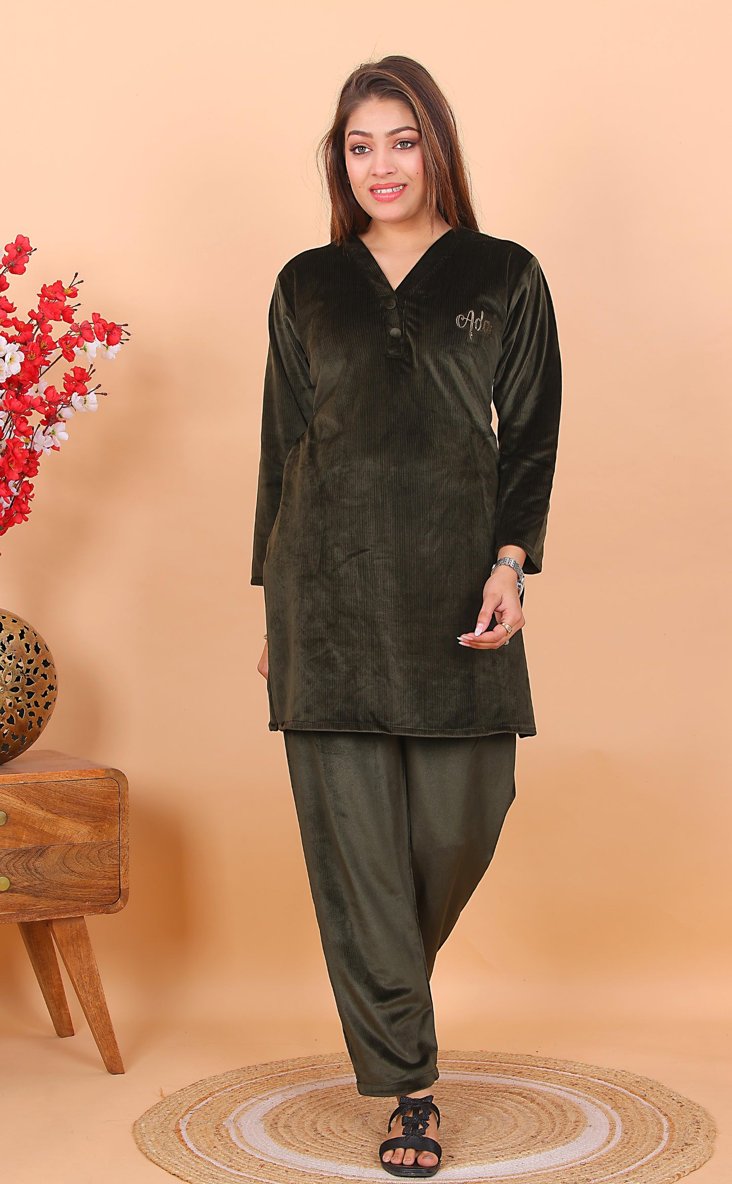 AdaFashions Pea-Cock Green Velvet Co-Ord Set – Luxe Nightwear Edition