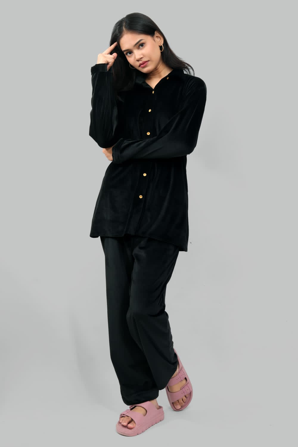 AdaFashions Black Casual Velvet Co-Ord Set – Winter Edition