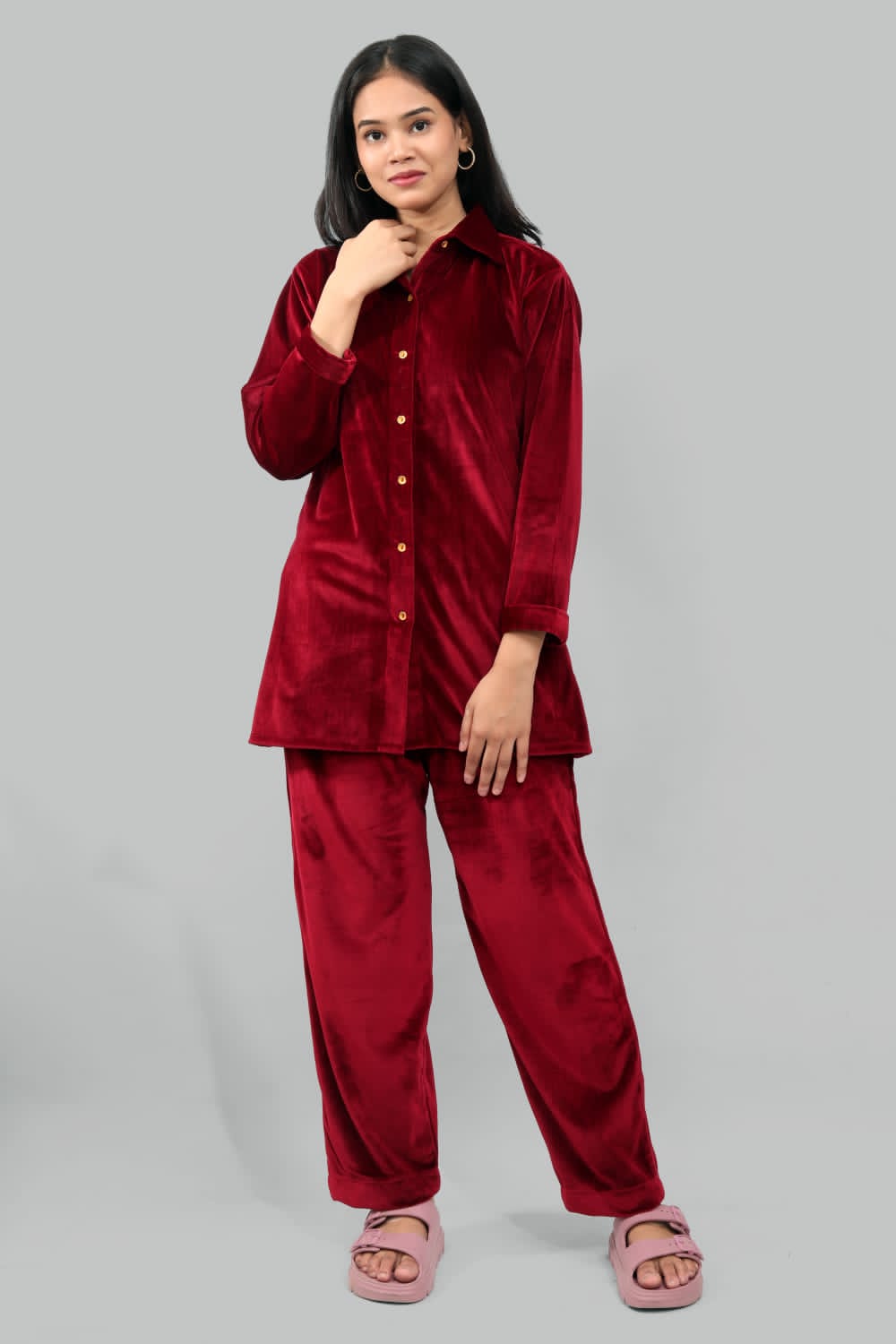 “Luxury in Every Thread: Wine Velvet Cord Set by Ada Fashions”