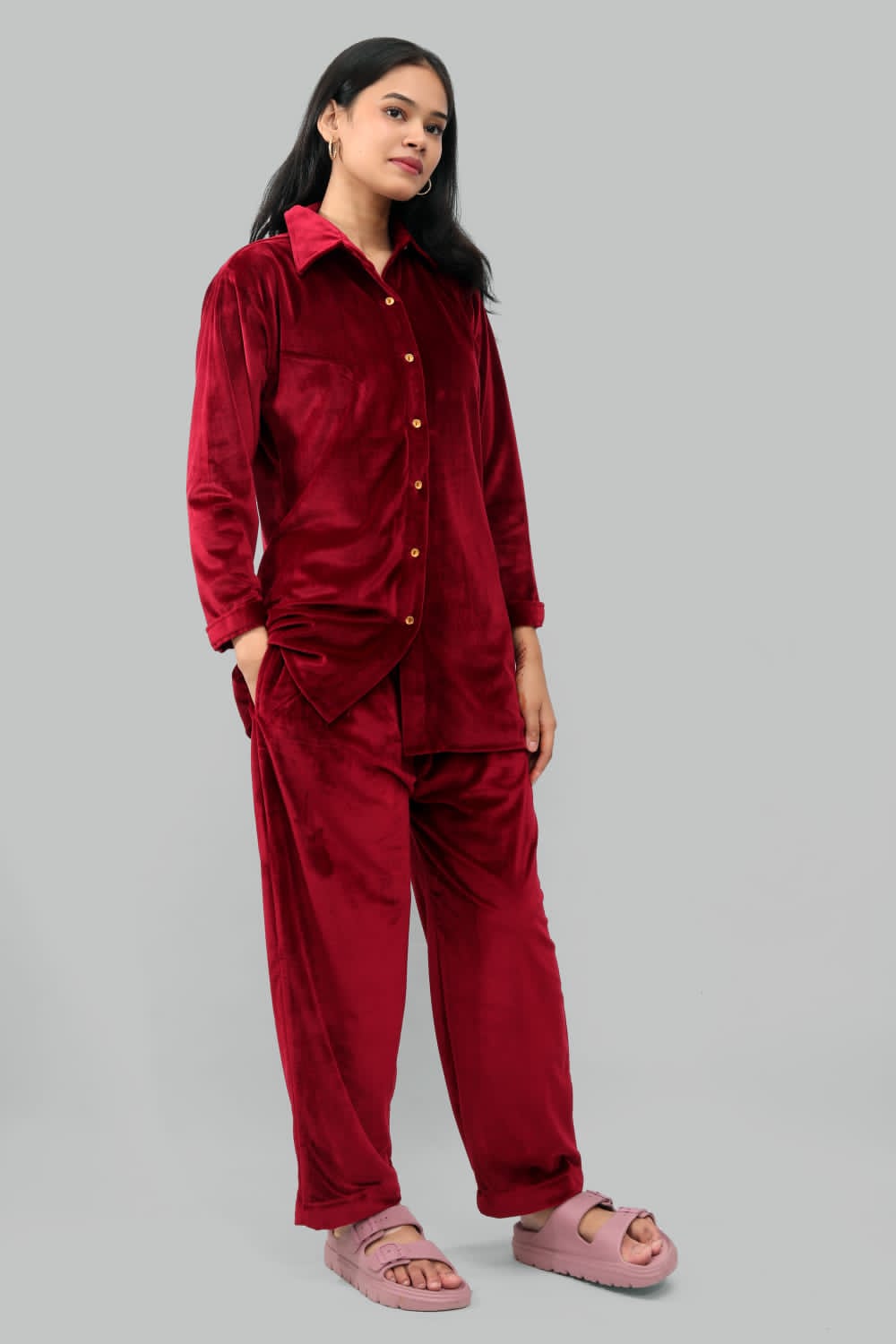 “Luxury in Every Thread: Wine Velvet Cord Set by Ada Fashions”