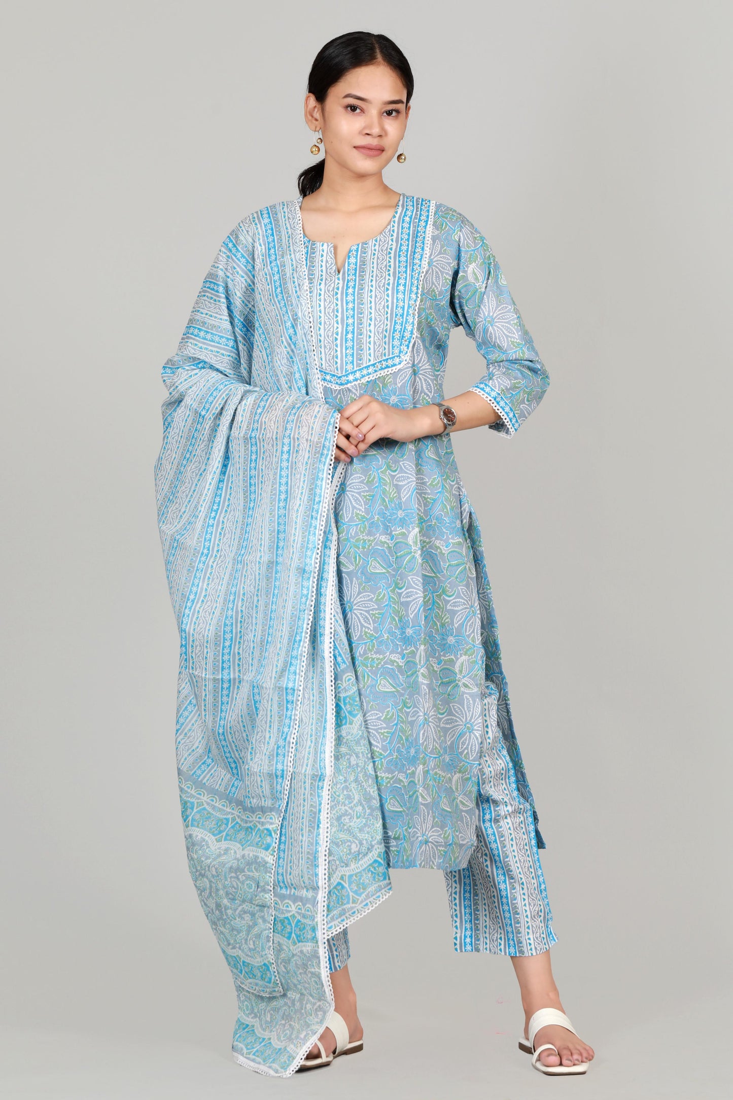Elegance Redefined: Blue Premium Three-Piece Cotton Suit Ada Fashions