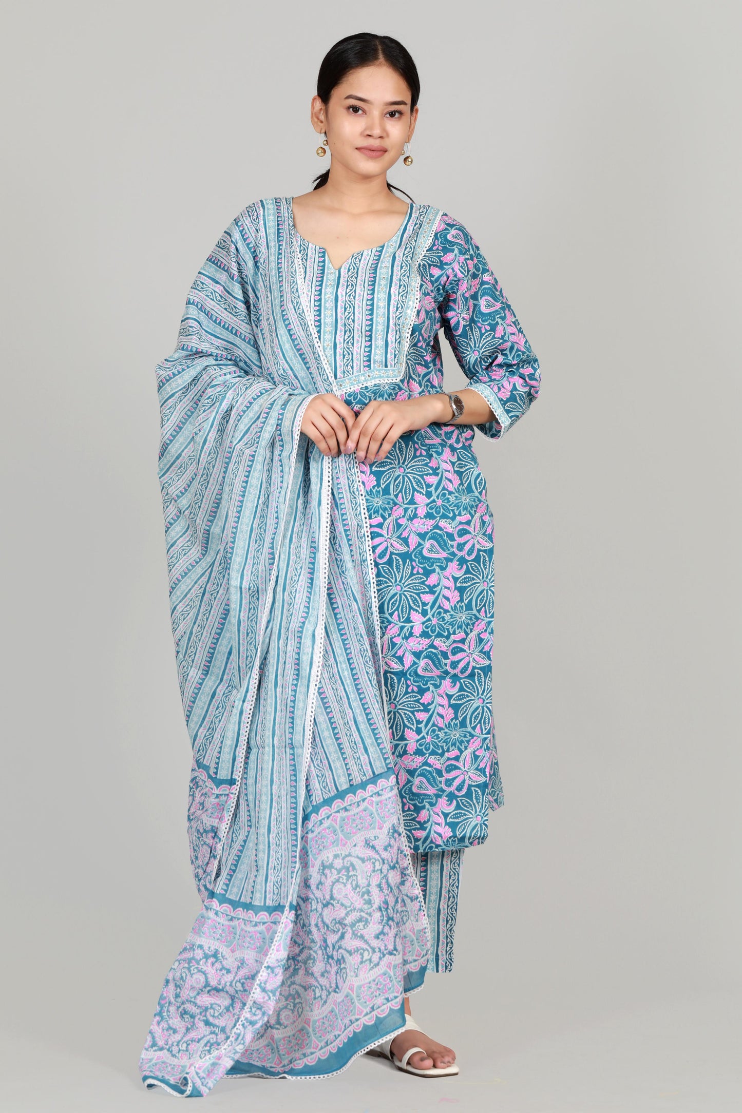 Elegance Redefined: Grey & Blue Premium Three-Piece Cotton Suit Ada Fashions