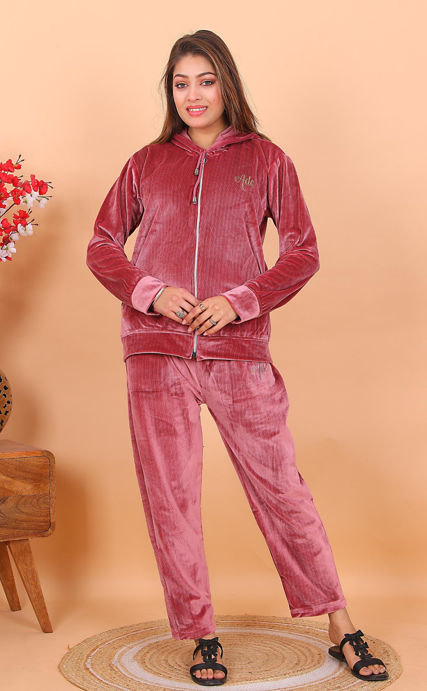 AdaFashions Pink Double Lined Velvet Co-Ord Set – Winter Hooded Type