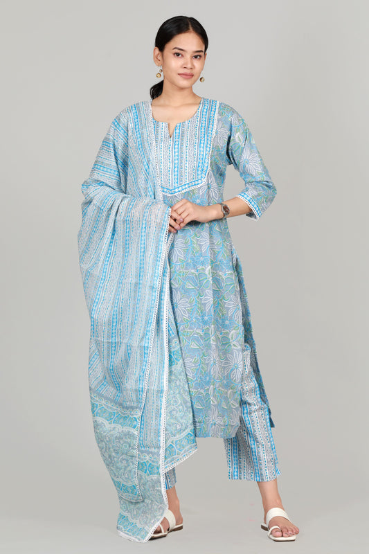 Elegance Redefined: Blue Premium Three-Piece Cotton Suit Ada Fashions