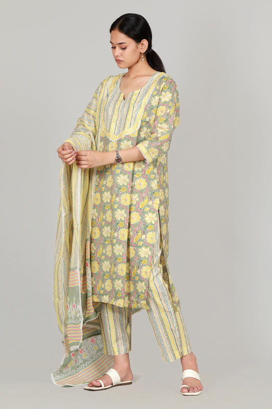 Elegance Redefined: Yellow Premium Three-Piece Cotton Suit Ada Fashions