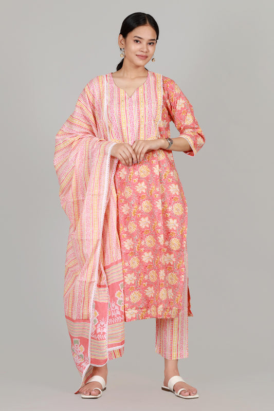 Elegance Redefined: Peach Premium Three-Piece Cotton Suit Ada Fashions